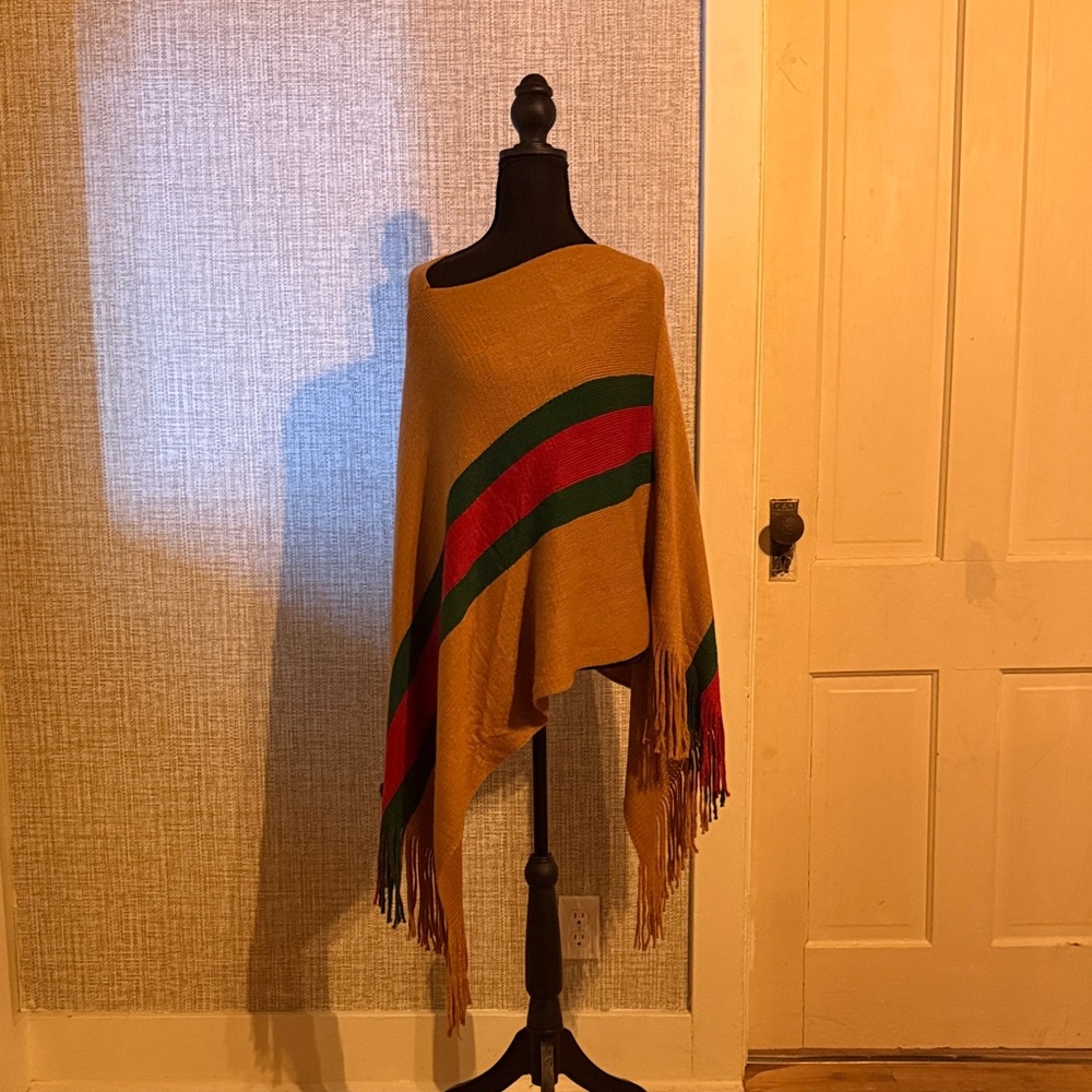 Stylish Poncho. camel/Butterscotch color with Red/Dark Green Stripes.